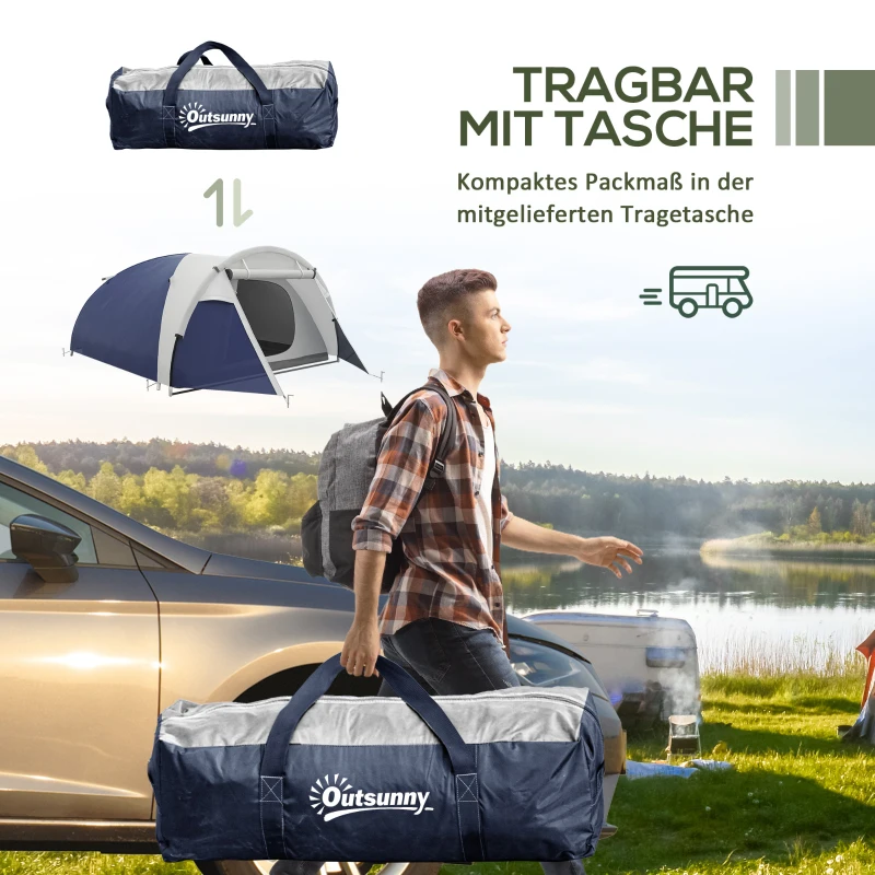 Outsunny Campingzelt für 3-4 Personen, robust, mit Tragetasche, 2 Öffnungen, Zubehör, Blau