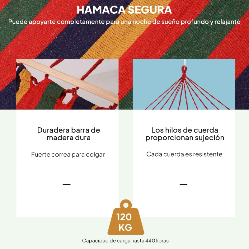 Outsunny Hamaca de Jardín 200x100 cm con Travesaños de Madera Carga 120 kg Hamaca para Patio Terraza Balcón Multicolor