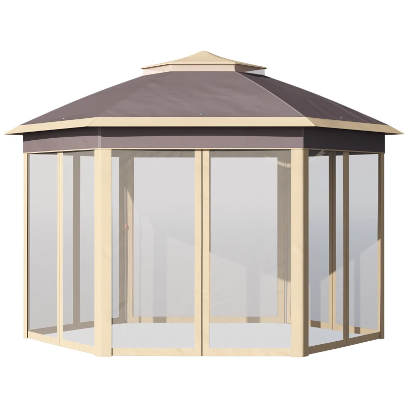 Outsunny Gazebo Pieghevole da Giardino 4x3.4 m ad Altezza Regolabile con Zanzariera e Doppio Tetto, Beige