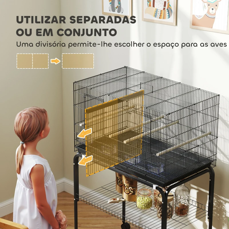 PawHut Gaiola para Pássaros com Divisória Rodas Gaiola para Aves com Comedouros Poleiros e Bandeja Removível 76x46x116 cm Preto