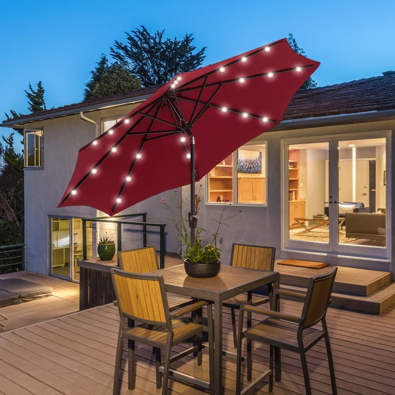 Outsunny Φ2.7m Garden 24 LED Light Parasol Solar Outdoor Tilt Sun Umbrella Patio Club Party Event Manual Sun Shade w/ Hand Crank and 8 Ribs, Red