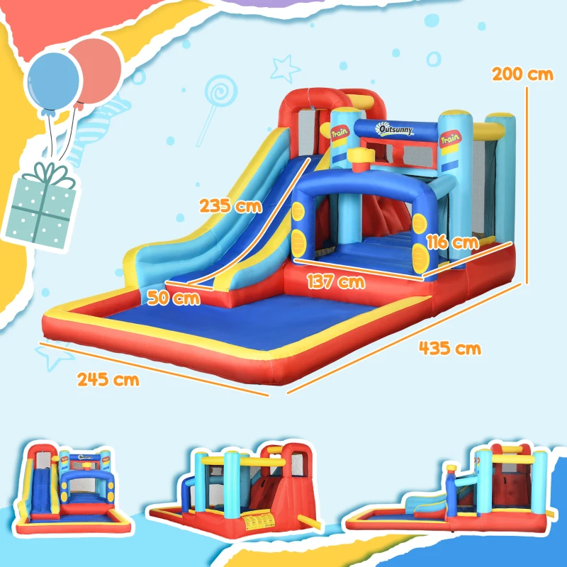Outsunny Castello Gonfiabile per Bambini 3-8 Anni con Trampolino, Scivolo e Piscina, 435x245x200cm