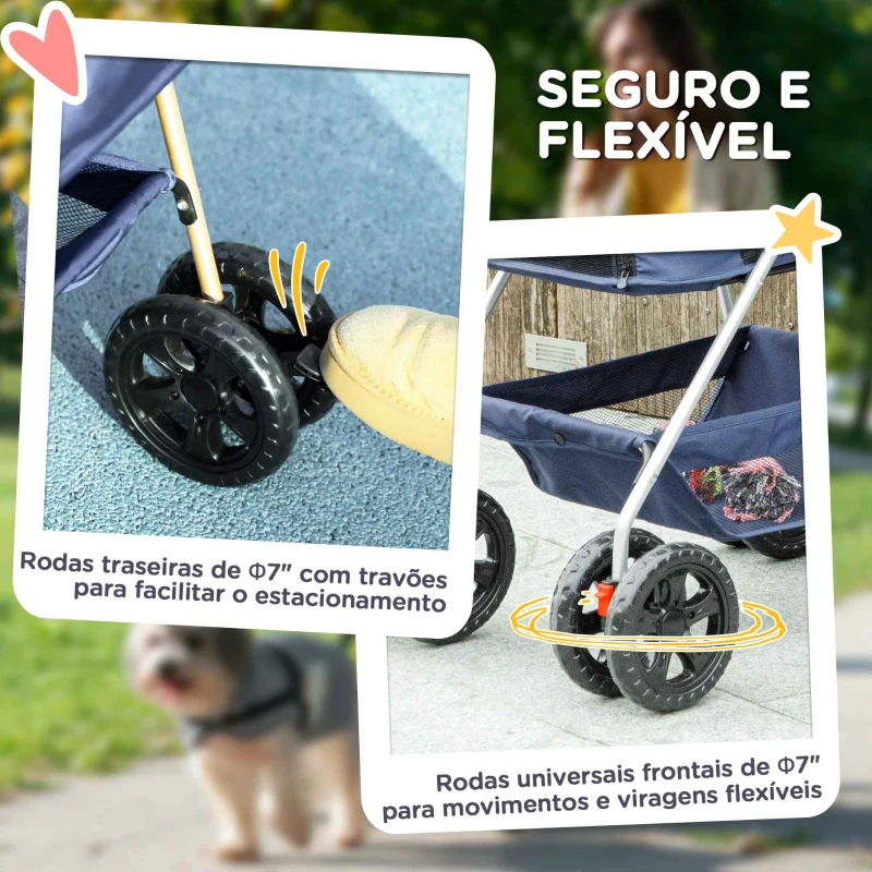 PawHut Carrinho para Cães Dobrável 3 em 1 Carrinho para Cães Miniatura com Cesta de Armazenamento Janela de Malha 76x50x102 cm Azul Escuro