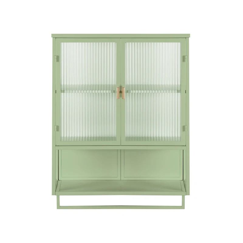 Armoire murale moderne avec portes en verre, deux niveaux de rangement fermé, avec étagère ouverte et porte-serviettes, 60×23×78 cm, Vert