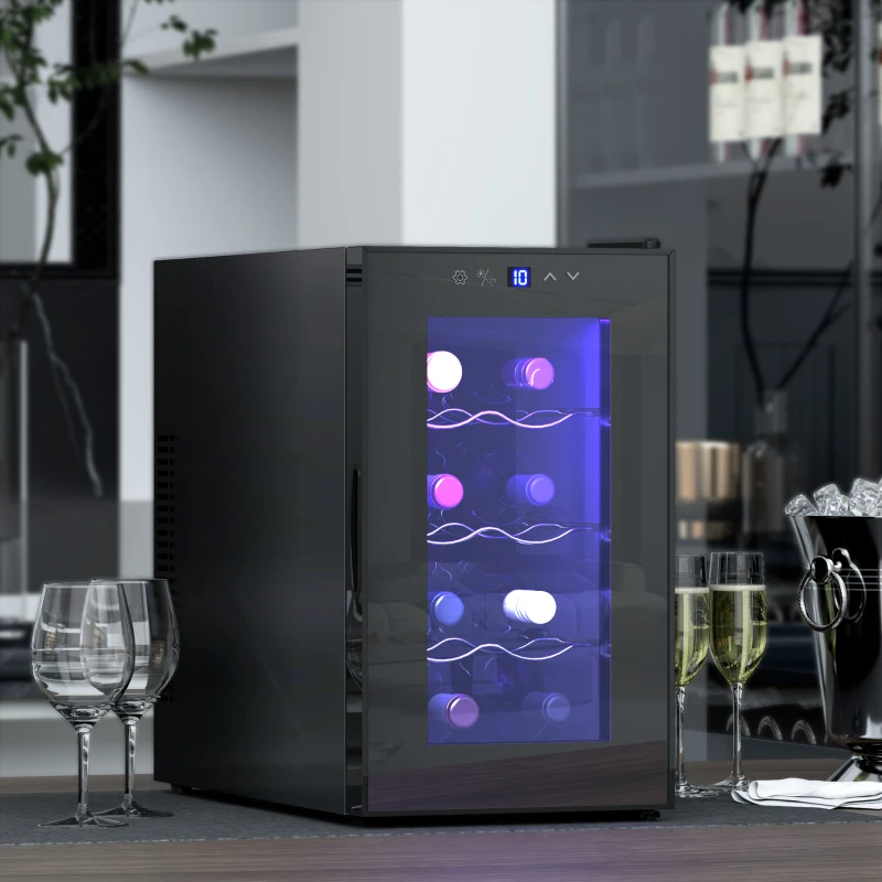HOMCOM Mini Table Top Wine Fridge, 8 Bottle, 17L, 8-18℃, 26.5cm Quiet Under Counter Wine Cooler Fridge with Glass Door, LED Light, Digital Touch Screen, Temperature Control