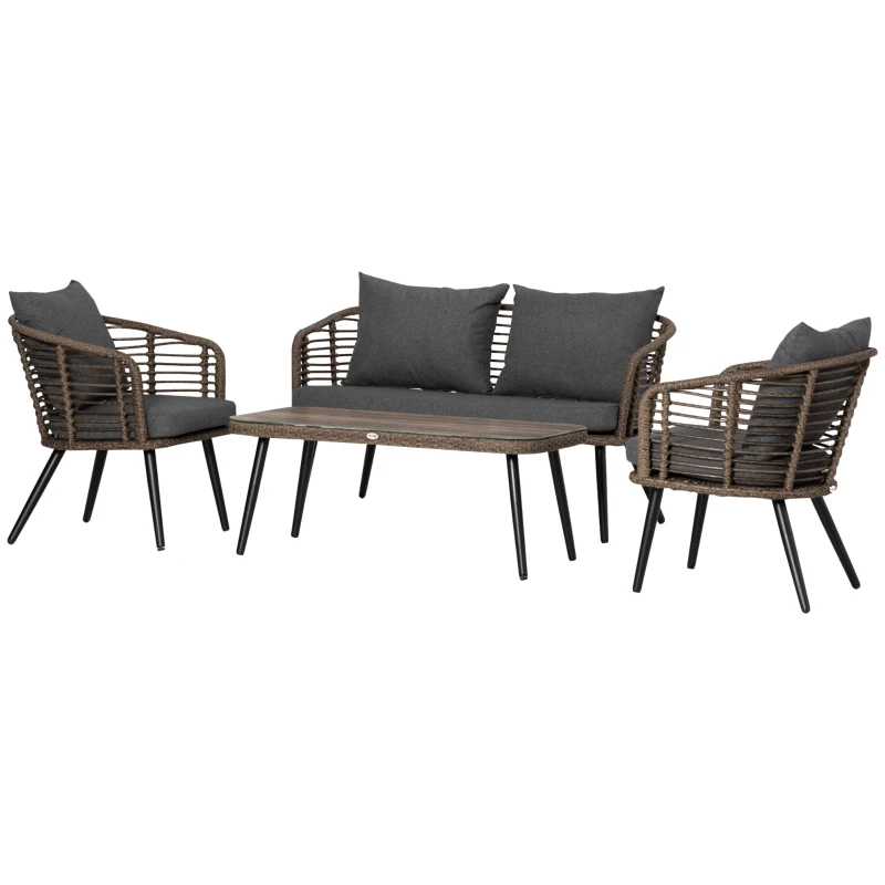 Outsunny Gartenmöbel-Set für 4 Personen, 1 Sofa, 2 Sessel. 1 Tisch, PE-Rattan, abnehmbare Polster, Braun+Grau