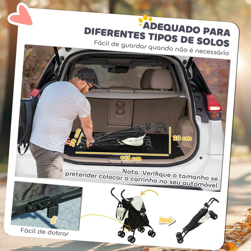 PawHut Carrinho para Cães Pequenos com Estrutura Compacta Carrinho Dobrável com Colchão Lavável Suporte para Copos 76x44x103 cm Creme