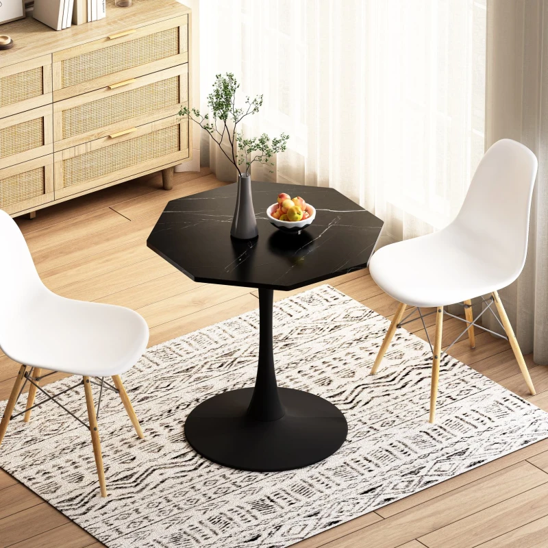 Mesa Moderna de Centro Octogonal con Tablero de MDF en Efecto Mármol y Base Metálica, 80x74x73 cm, Negro