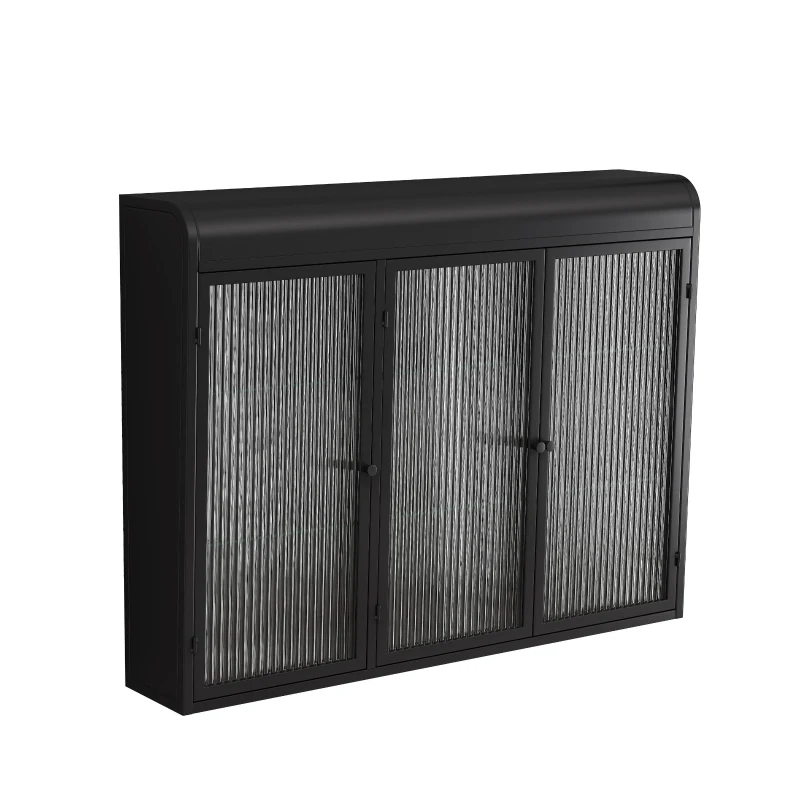 Armoire murale à 3 portes en verre avec design voûté,espace de rangement polyvalent,  pour cuisine, salon et salle de bain, 90×20×70 cm, Noir