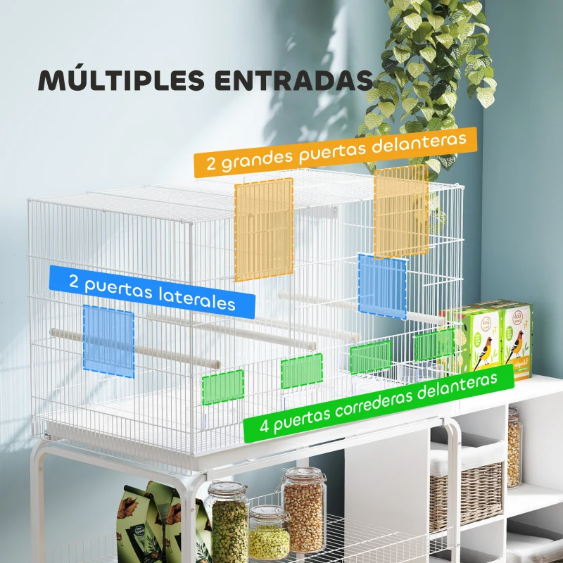 PawHut Jaula para Pájaros con Divisor Comederos Bandeja Extraíble y Soporte para Canarios y Periquitos 94x57x57/128 cm Blanco