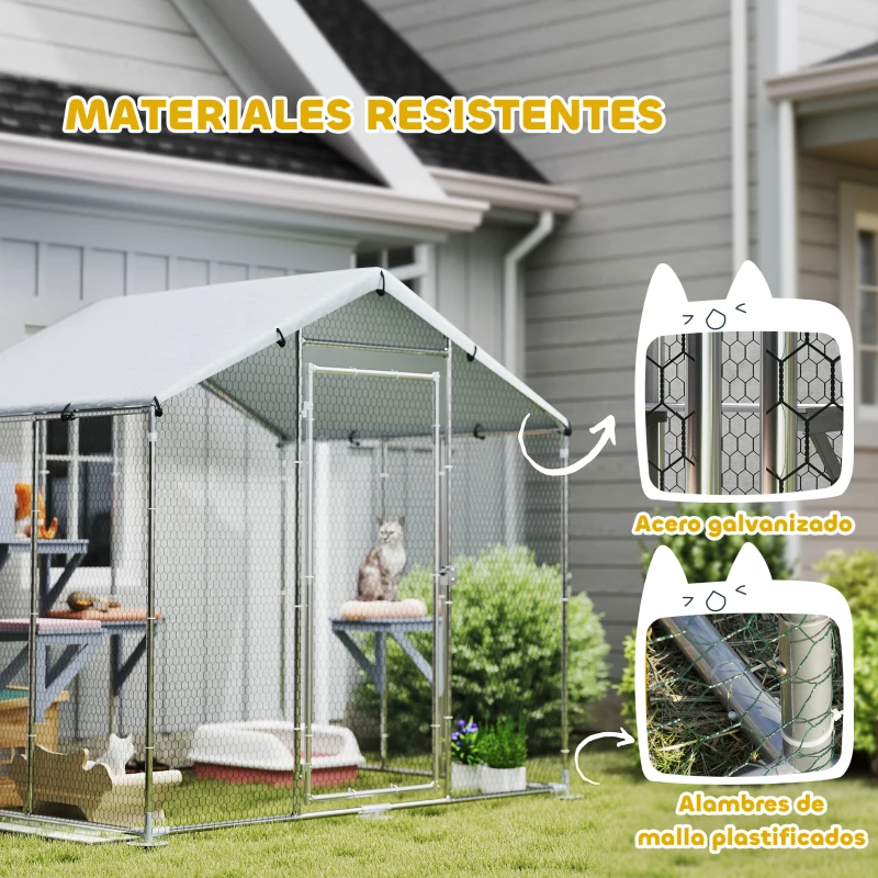 PawHut Refugio Exterior Grande para Gatos Jaula de Acero Galvanizado con Techo Impermeable para 5 Gatos 200x170x195 cm Plateado