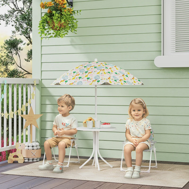 AIYAPLAY Ensemble salon de jardin extérieur enfant 4 pièces, motif éléphant et girafe, parasol réglable Ø 100 cm, chaise pliable