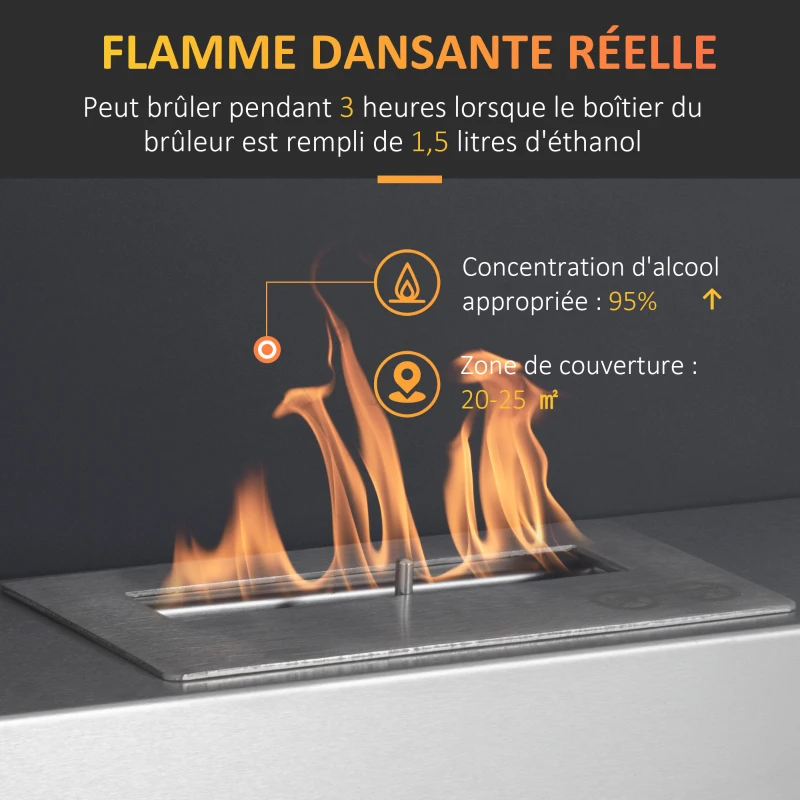 HOMCOM Cheminée bioéthanol Murale encastrable brûleur 1.5 L, environ 3 h de durée de combustion dim. 60L x 22l x 40H cm Couverture 20-25 m² Acier inox