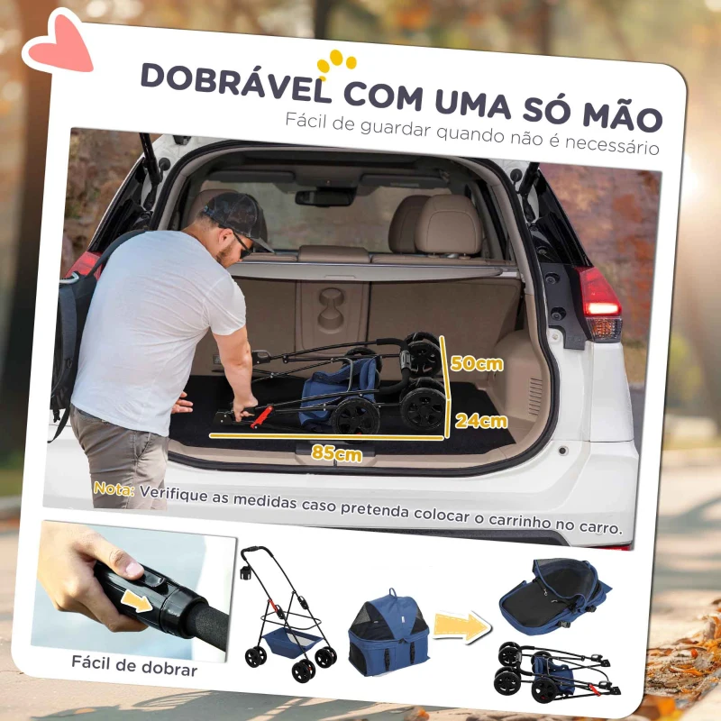 PawHut Carrinho para Cães Dobrável 3 em 1 Carrinho para Cães Miniatura com Cesta de Armazenamento Janela de Malha 76x50x102 cm Azul Escuro