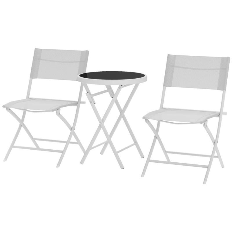 Outsunny 3 Pieces Outdoor Bistro Set, Glass Top Outdoor Table and 2 Folding Chairs with Protecting Feet, White