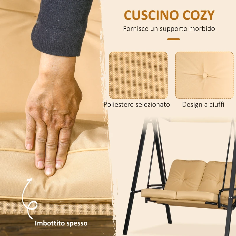 Outsunny Dondolo 2 Posti in Acciaio e tessuto Teslin con Tettuccio Regolabile e Cuscini, 138x106x174 cm, Beige