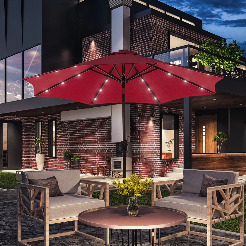 Outsunny Φ2.7m Garden 24 LED Light Parasol Solar Outdoor Tilt Sun Umbrella Patio Club Party Event Manual Sun Shade w/ Hand Crank and 8 Ribs, Red