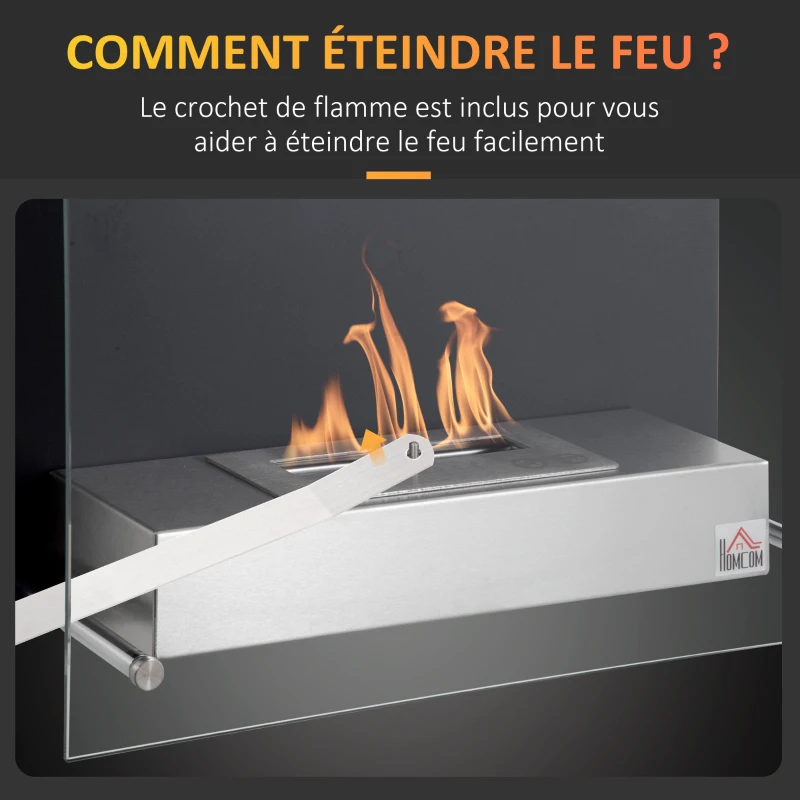 HOMCOM Cheminée bioéthanol Murale encastrable brûleur 1.5 L, environ 3 h de durée de combustion dim. 60L x 22l x 40H cm Couverture 20-25 m² Acier inox