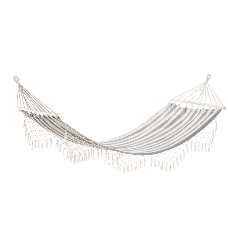 Outsunny Cama Rede de Jardim 200x100 cm Rede Suspensa com Travessas de Madeira para Pátio Varanda Campismo Creme e Cinza