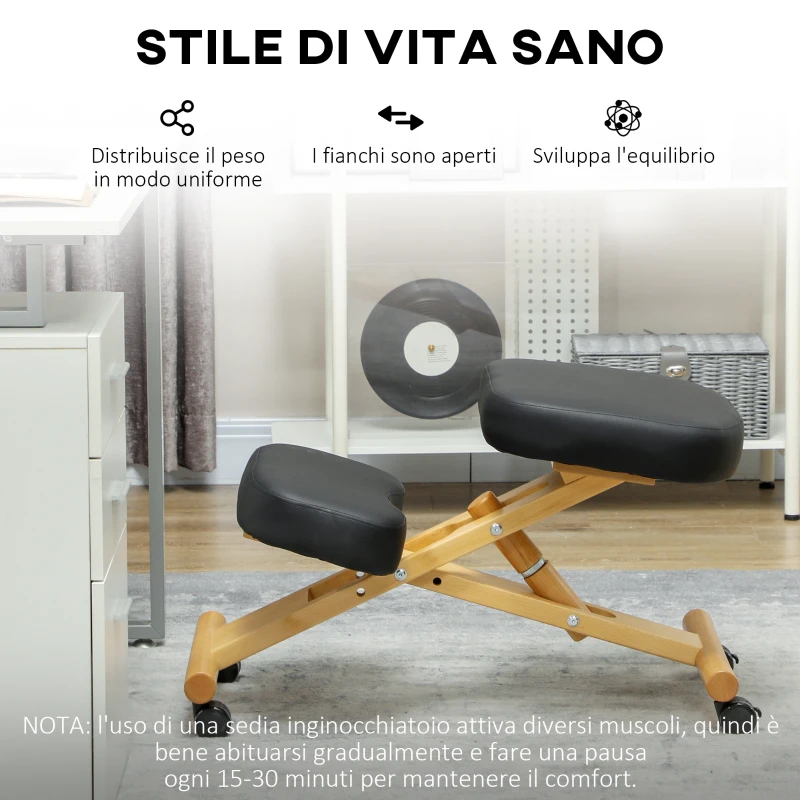 HOMCOM Sedia Ergonomica Posturale con Inginocchiatoio, Altezza Regolabile e Rotelle in Legno, Nero