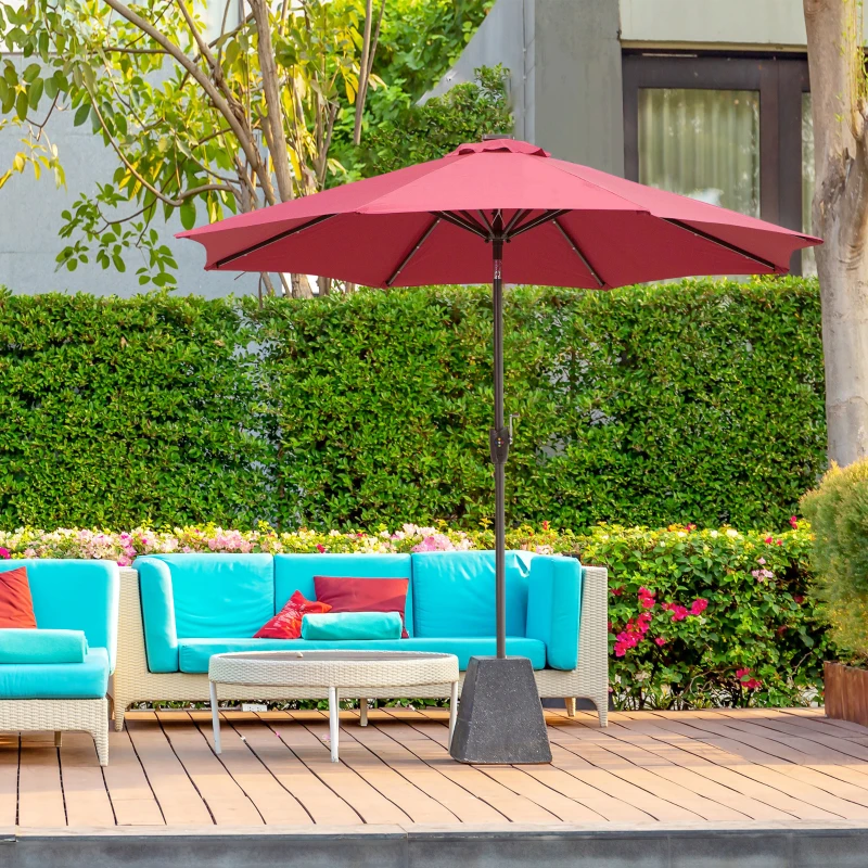 Outsunny Φ2.7m Garden 24 LED Light Parasol Solar Outdoor Tilt Sun Umbrella Patio Club Party Event Manual Sun Shade w/ Hand Crank and 8 Ribs, Red