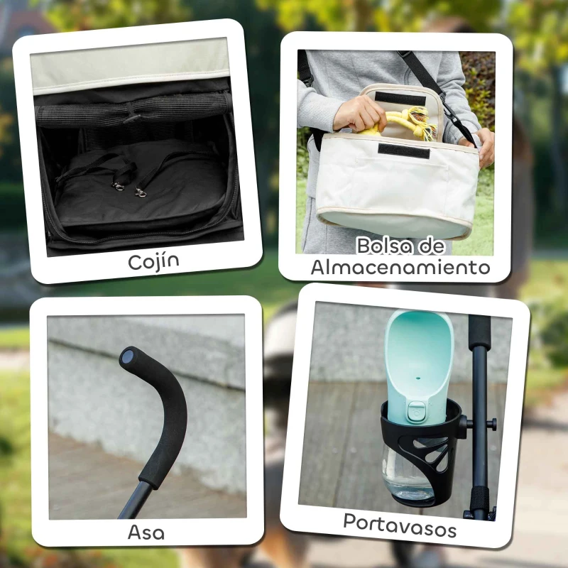 PawHut Cochecito para Perros Pequeños con Estructura de Paraguas con Cojín Lavable Portavaso Ventanas de Malla y Bolsa Crema