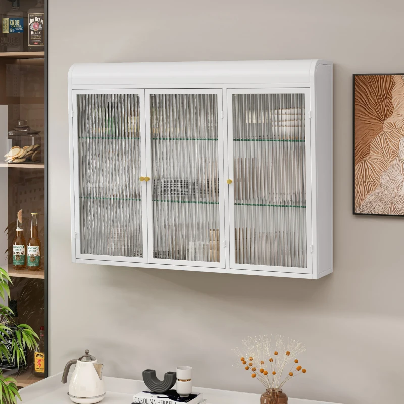 Armoire murale à 3 portes en verre avec design voûté,espace de rangement polyvalent,  pour cuisine, salon et salle de bain, 90×20×70 cm,Blanc