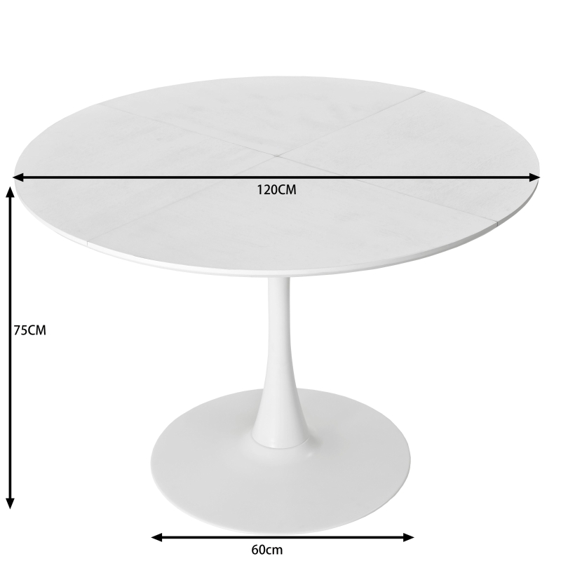 Table à manger ronde moderne, quatre plateaux en patchwork, base en métal, 120×120×75 cm, Blanc