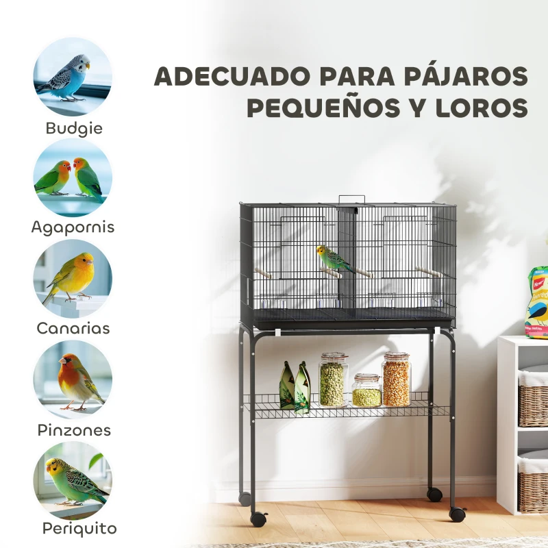 PawHut Jaula para Pájaros con Divisor Comederos Bandeja Extraíble y Soporte para Canarios y Periquitos 76x46x46/116 cm Negro