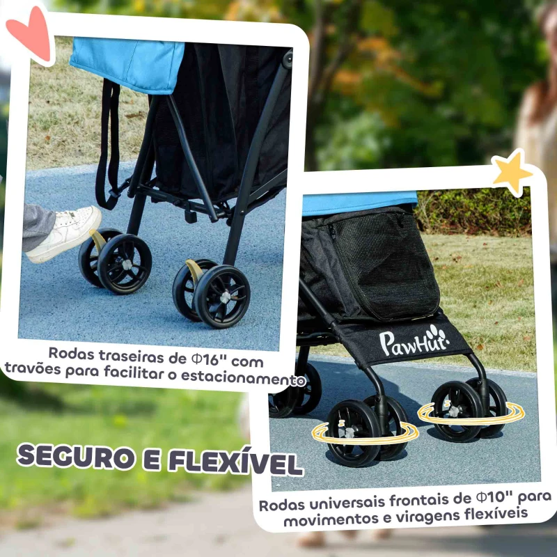 PawHut Carrinho para Cães Pequenos com Estrutura Compacta Carrinho Dobrável com Colchão Lavável Suporte para Copos 76x44x103 cm Azul