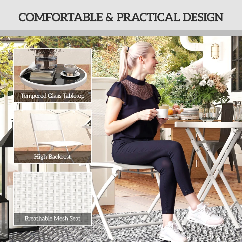 Outsunny 3 Pieces Outdoor Bistro Set, Glass Top Outdoor Table and 2 Folding Chairs with Protecting Feet, White