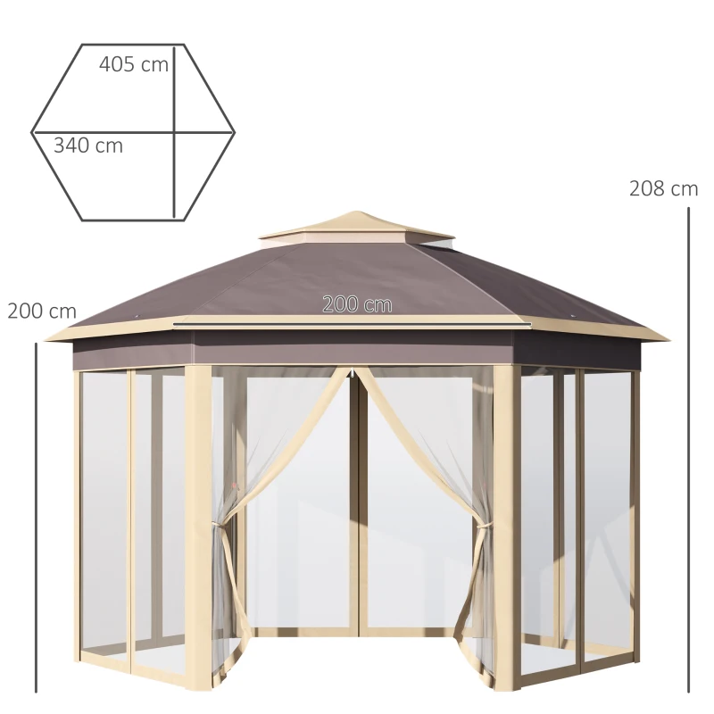 Outsunny Gazebo Pieghevole da Giardino 4x3.4 m ad Altezza Regolabile con Zanzariera e Doppio Tetto, Beige