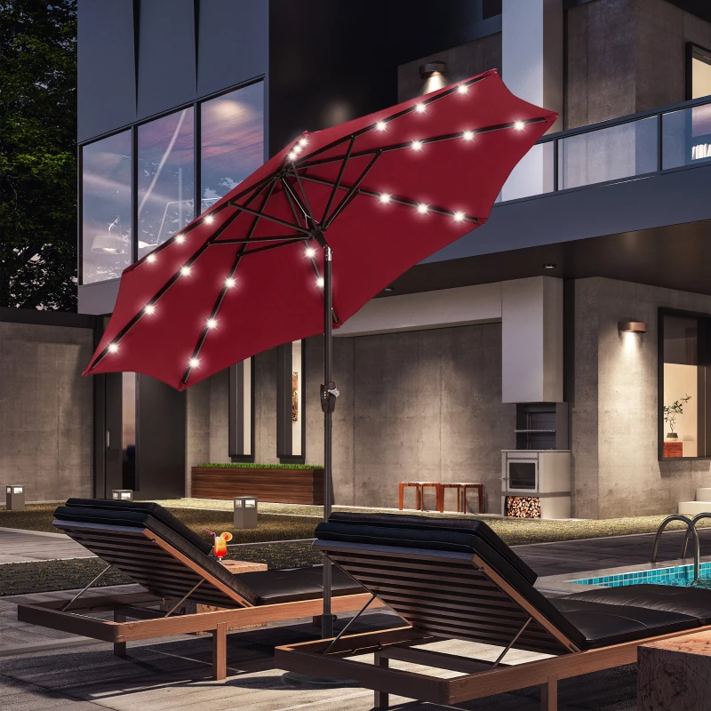 Outsunny Φ2.7m Garden 24 LED Light Parasol Solar Outdoor Tilt Sun Umbrella Patio Club Party Event Manual Sun Shade w/ Hand Crank and 8 Ribs, Red