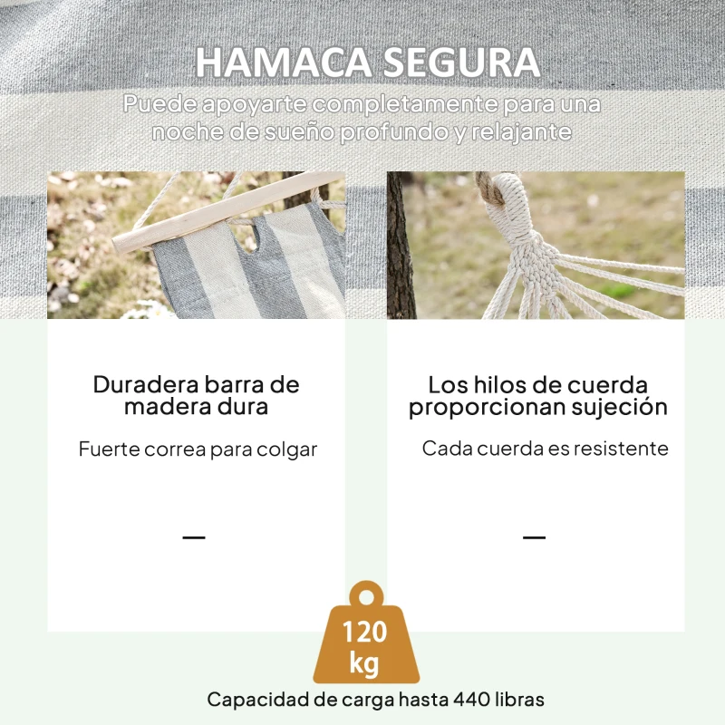Outsunny Hamaca de Jardín 200x100 cm con Travesaños de Madera Carga 120 kg Hamaca para Patio Terraza Balcón Gris y Crema