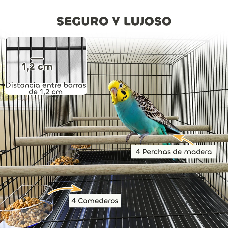 PawHut Jaula para Pájaros con Divisor Comederos Bandeja Extraíble y Soporte para Canarios y Periquitos 76x46x46/116 cm Negro
