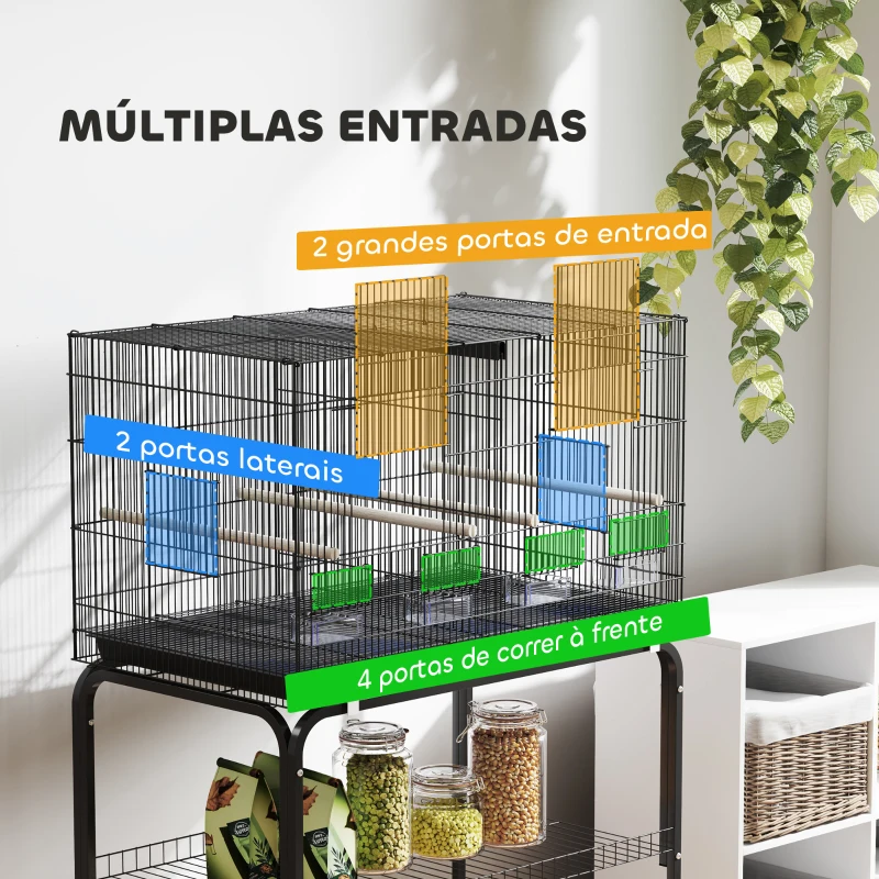 PawHut Gaiola para Pássaros com Divisória Rodas Gaiola para Aves com Comedouros Poleiros e Bandeja Removível 76x46x116 cm Preto