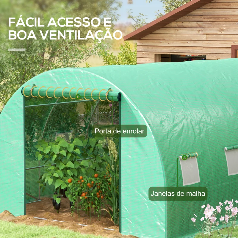 Outsunny Estufa tipo Túnel 6x3x2 m com Sistema de Irrigação 12 Janelas com Malha e 1 Porta de Enrolar Estufa de Jardim Verde