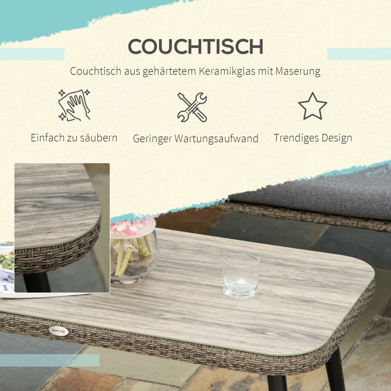 Outsunny Gartenmöbel-Set für 4 Personen, 1 Sofa, 2 Sessel. 1 Tisch, PE-Rattan, abnehmbare Polster, Braun+Grau
