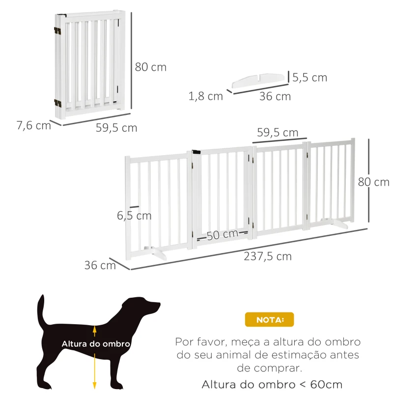 PawHut Barreira para Cães Dobrável Barreira para Cães Pequenos e Médios de 4 Painéis com Porta para Escadas e Corredores 237,5x36x80 cm Branco