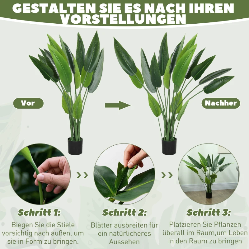 HOMCOM Kunstpflanze, künstliche Pflanze, Zementtopf, 18 Blätter, Kunststoff, Grün