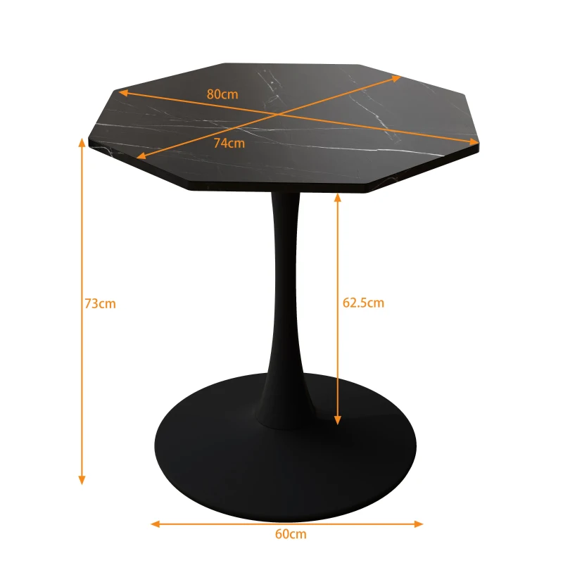 Mesa Moderna de Centro Octogonal con Tablero de MDF en Efecto Mármol y Base Metálica, 80x74x73 cm, Negro
