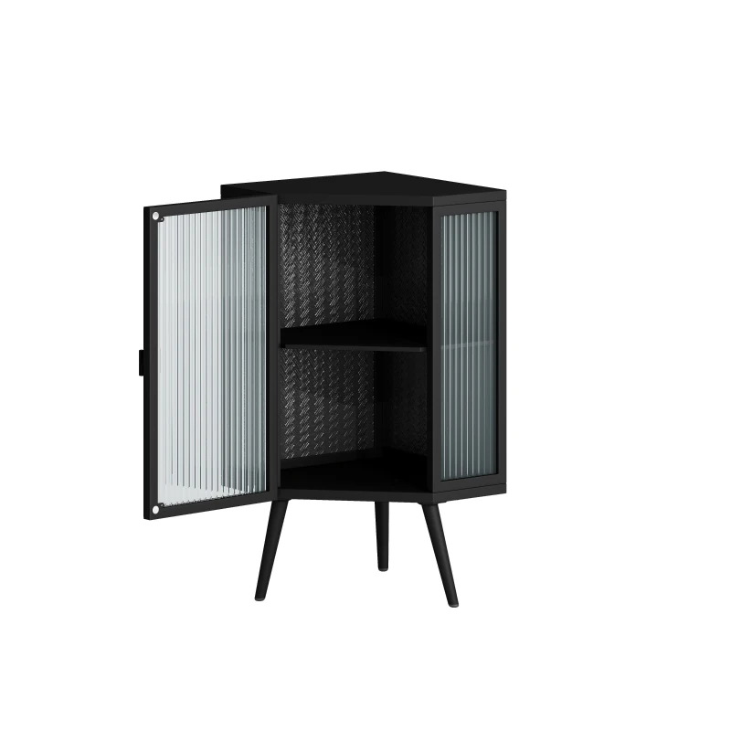 Dulap colțar cu ușă din sticlă, raft reglabil și design modern pentru baie, living, dormitor, 56,5x42,5x80 cm, Negru