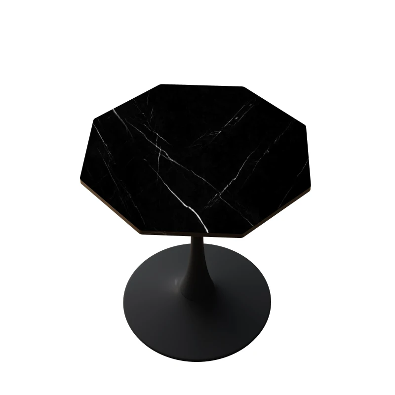 Mesa Moderna de Centro Octogonal con Tablero de MDF en Efecto Mármol y Base Metálica, 80x74x73 cm, Negro