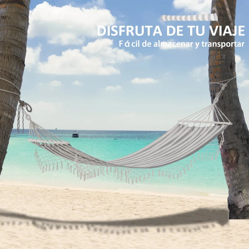 Outsunny Hamaca de Jardín 200x100 cm con Travesaños de Madera Carga 120 kg Hamaca para Patio Terraza Balcón Gris y Crema