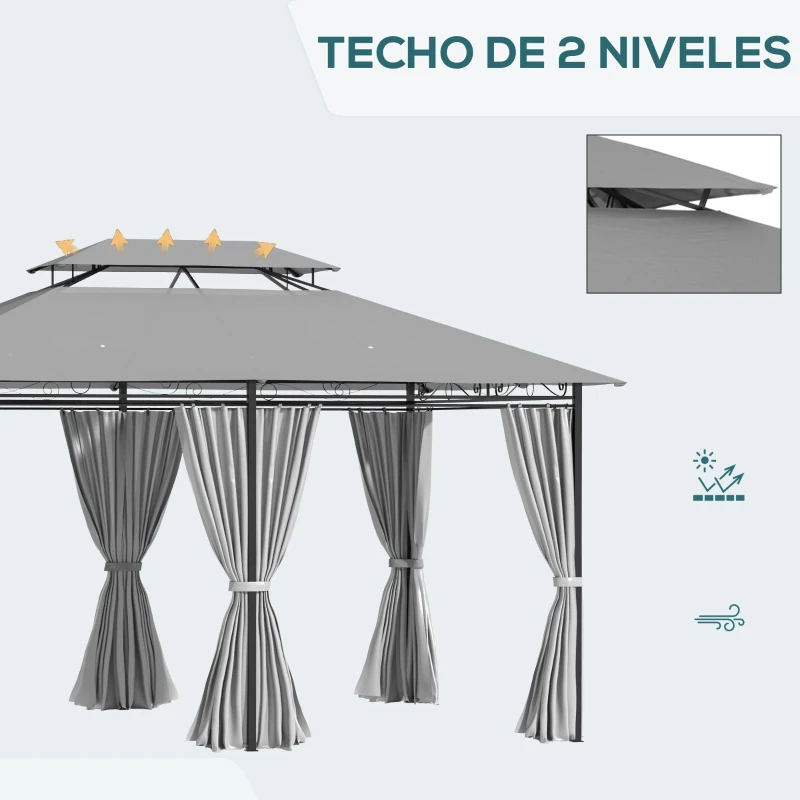 Outsunny Cenador para Jardín 3x4 m con Doble Techo Paredes Laterales Resistente al Agua para Exterior Terraza Patio Gris Oscuro