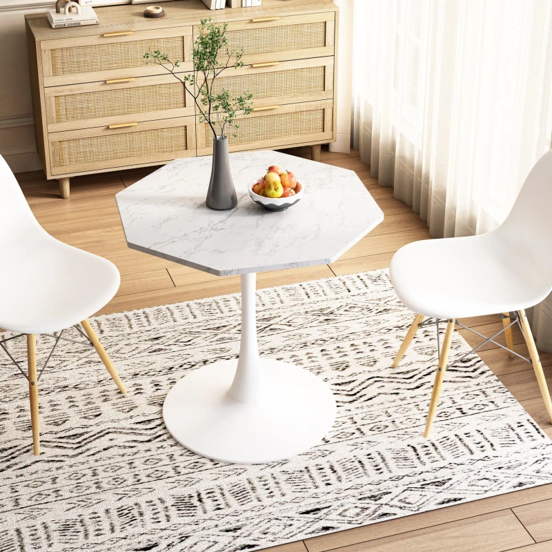 Mesa Moderna de Centro Octogonal con Tablero de MDF en Efecto Mármol y Base Metálica, 80x74x73 cm, Blanco