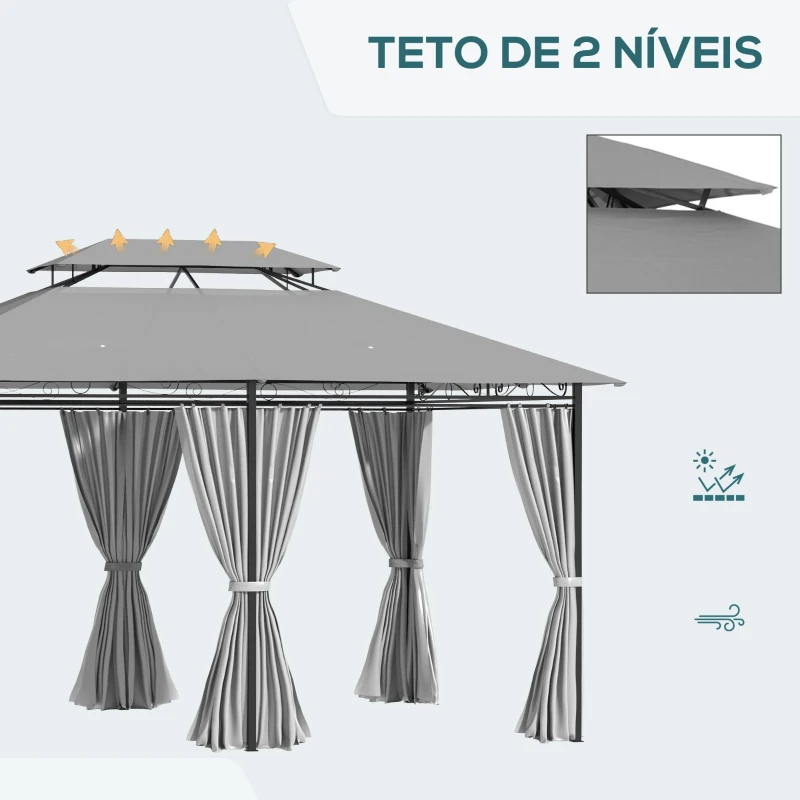 Outsunny Pérgola de Jardim 3x4 m Pérgola de Exterior com Paredes Laterais Teto Duplo 6 Portas e 8 Orifícios de Drenagem Cinza