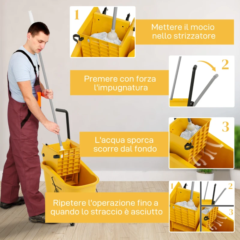 HOMCOM Secchio Lavapavimenti Professionale 36L con Mocio, Strizzatore, Ruote e Manico, 55x37x65 cm, Giallo
