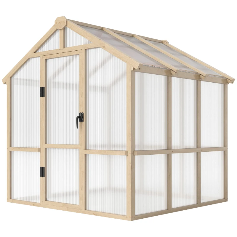 Outsunny 6.6 x 6ft Polycarbonate Greenhouse, Walk-in Wooden Greenhouse with Lockable Door and Window, Garden Plants Grow House, Brown