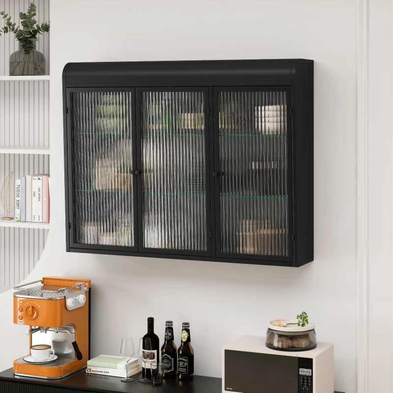 Dulap de Perete cu 3 Uși din Sticlă cu Design Curbat, Spațiu de Depozitare Versatil, pentru Living și Baie, 90x20x70 cm, Negru